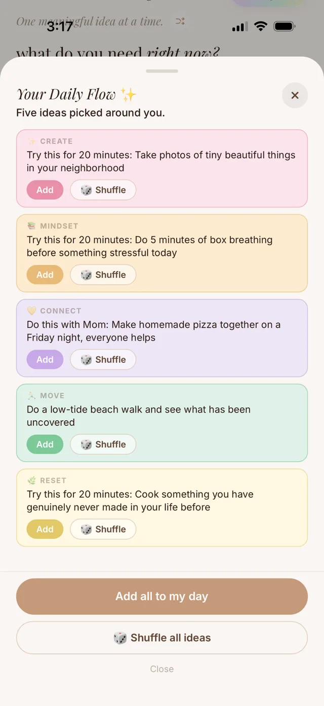 Your Daily Flow with one idea each for Create, Mindset, Connect, Move, and Reset