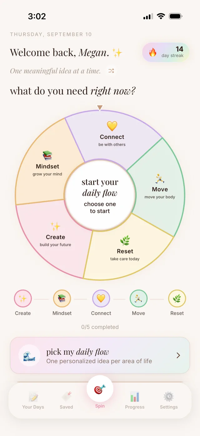 Passion Flow Daily home screen with the five-area flow wheel