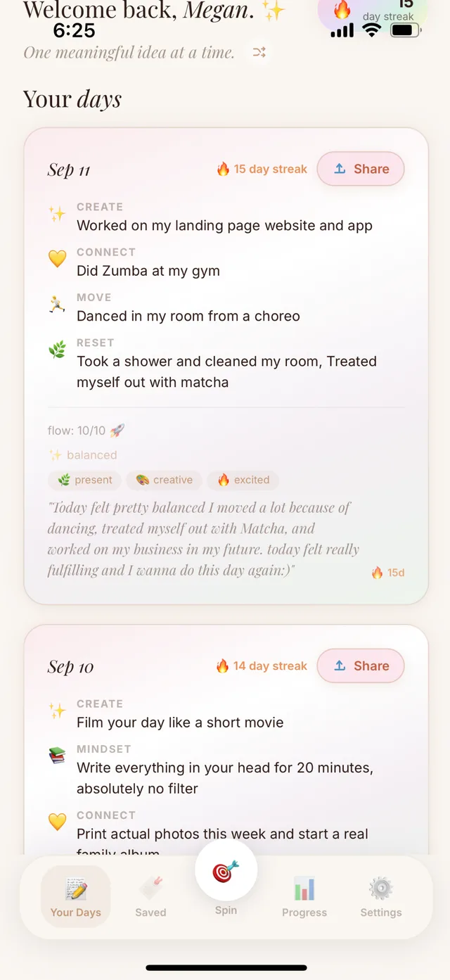 Your days, a running record of what you actually did across all five parts of life